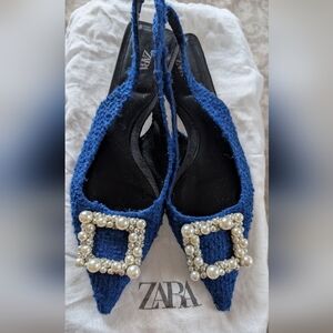 Zara Royal Blue Textured Pointed Slingback Flats with Pearl Embellishments